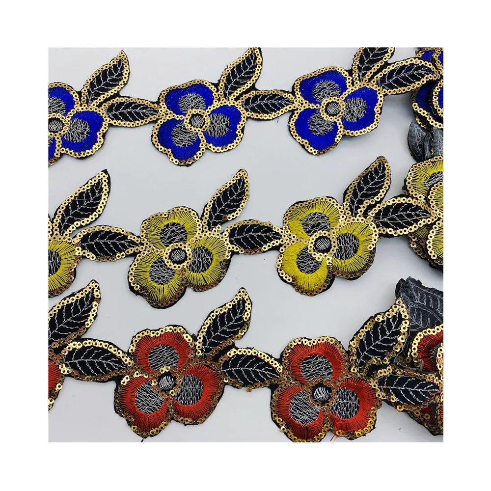 Hot Selling Sequins Lace Ribbon African Embroidered Flower Trim Tape Iron on Fabric Diy Clothes
