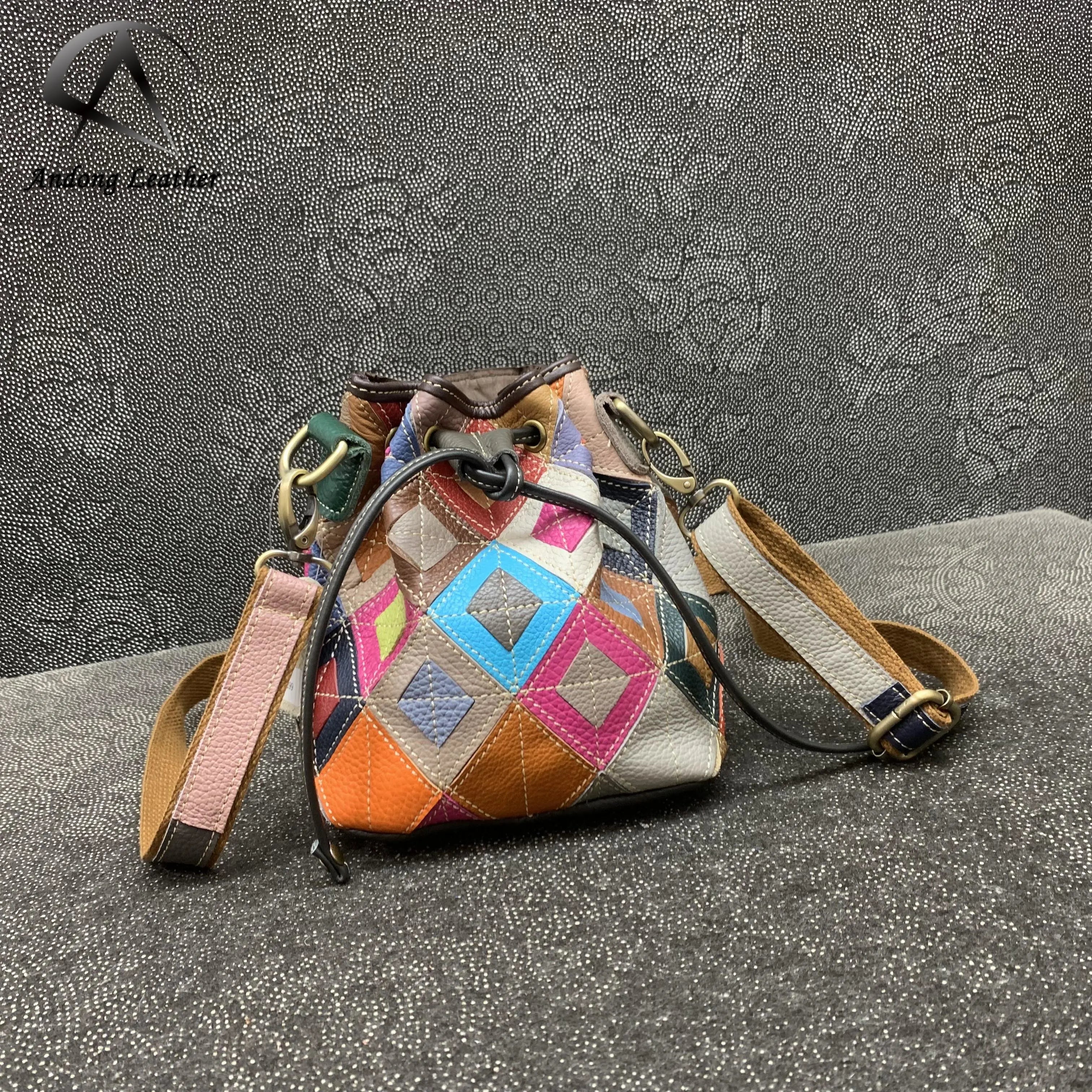 Andong Leather Shoulder Bag for Women Genuine Cow Leather Colored Cow Hide New Fashion Crossbody Bag Simple Small BucketBags1299