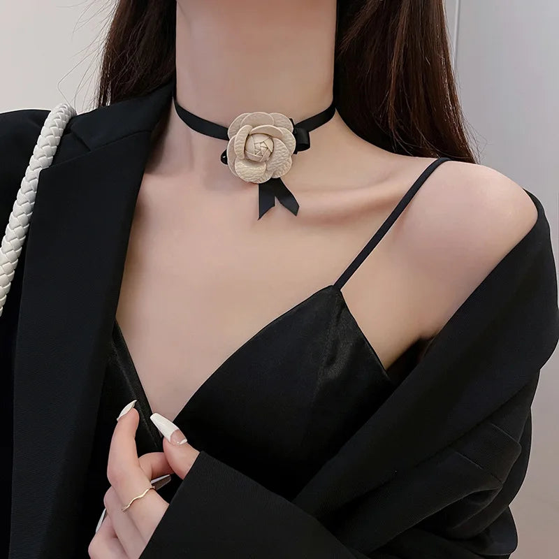 French Retro Style Camellia Choker Necklace for Women Trendy Black Ribbon Flower Collar Jewelry for Weddings and Parties