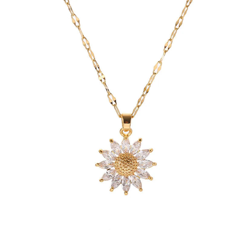 Fashion Choker Charm Necklace Jewelry Crystal Diamond Rhinestone CZ Zircon Stainless Steel Chain Gold Plated Sunflower Necklace