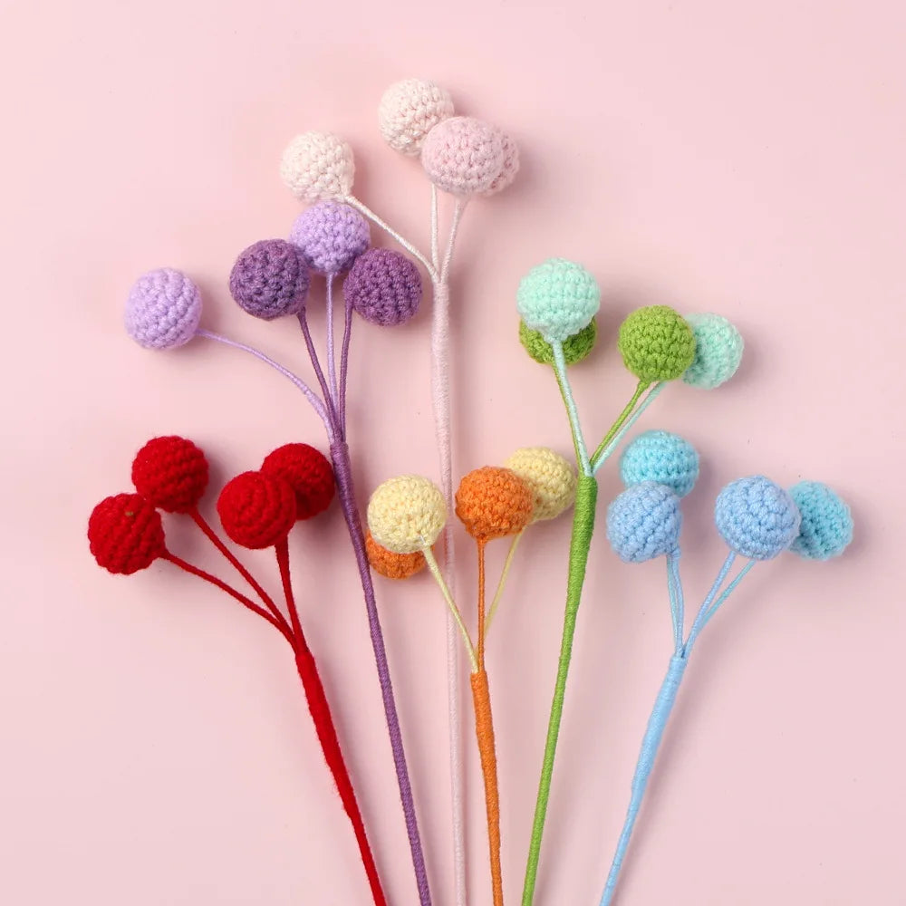 New Design Delicate Multi Color 4-Head Crochet Berry Flower Branch Wholesale Woolen Knitted Berries Flower Ornament for Gifts