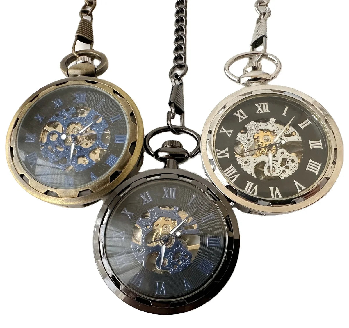 Antique Skeleton Mechanical Movement Hand Winding Black Blue Open Face Mechanical Pocket Watch