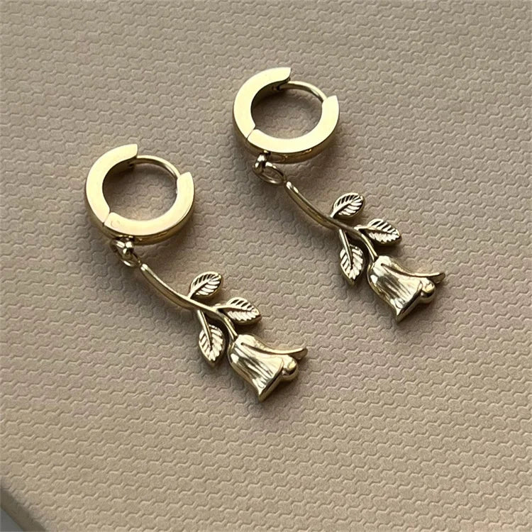 Fashion Fine Brass Jewelry Rose Flower Pendant Hoop Earring for Women