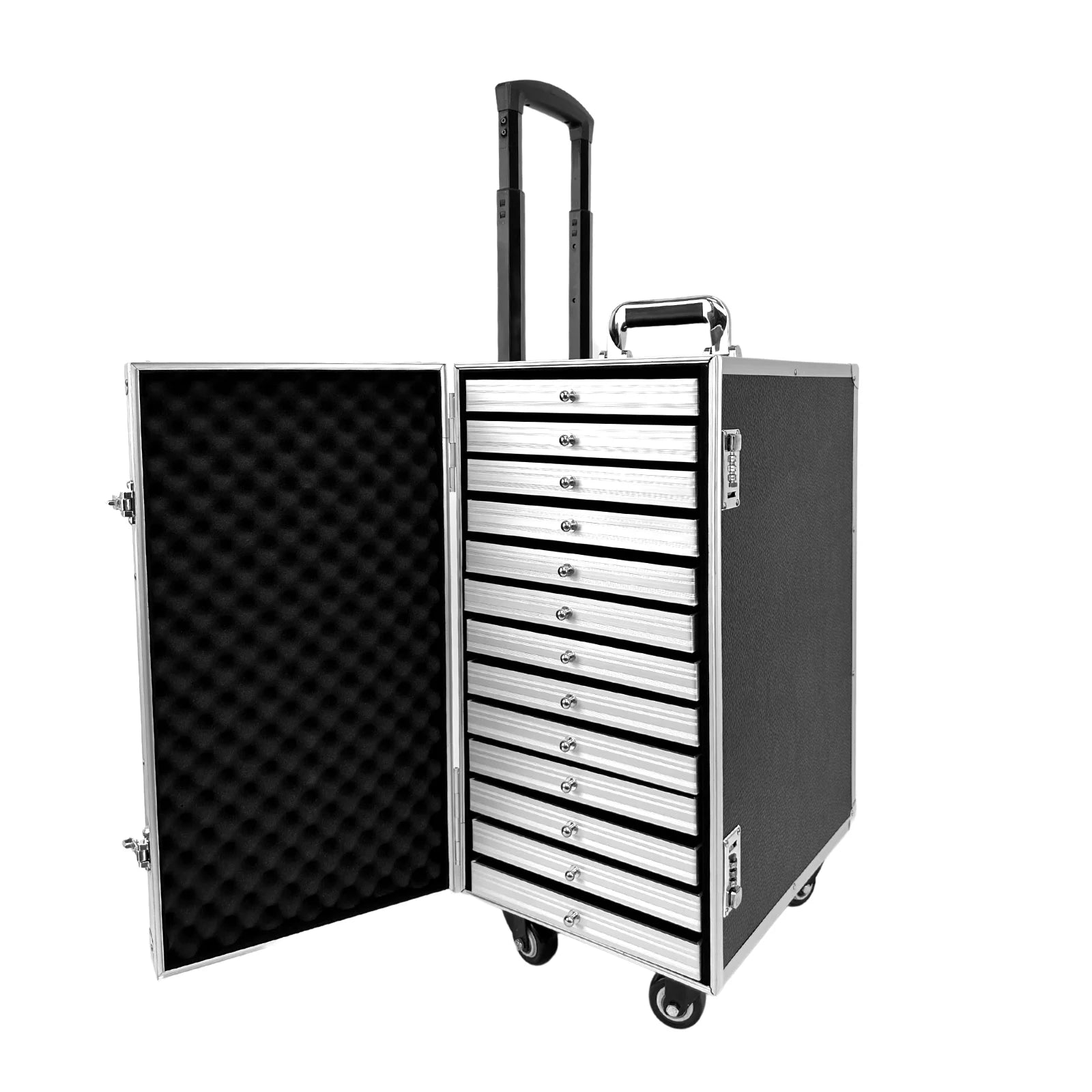 Custom Large Size Manufacturer Professional Aluminum Velvet Lining Luxury Design Jewelry Display Trolley Case 4 Spinning Wheels