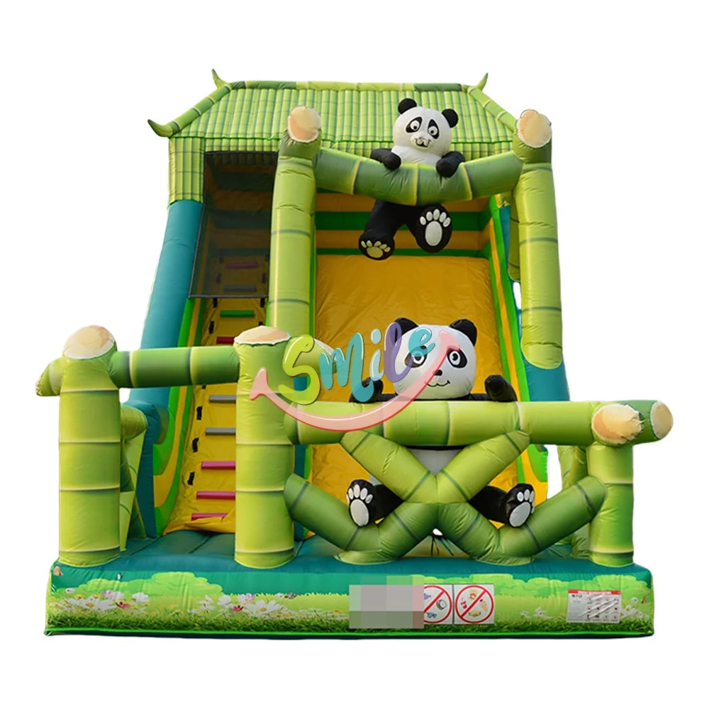 Playground Park Commercial Inflatable Bouncing Dry Slide Panda Theme Green Smile Inflatables YK Model 2-Person for Sale