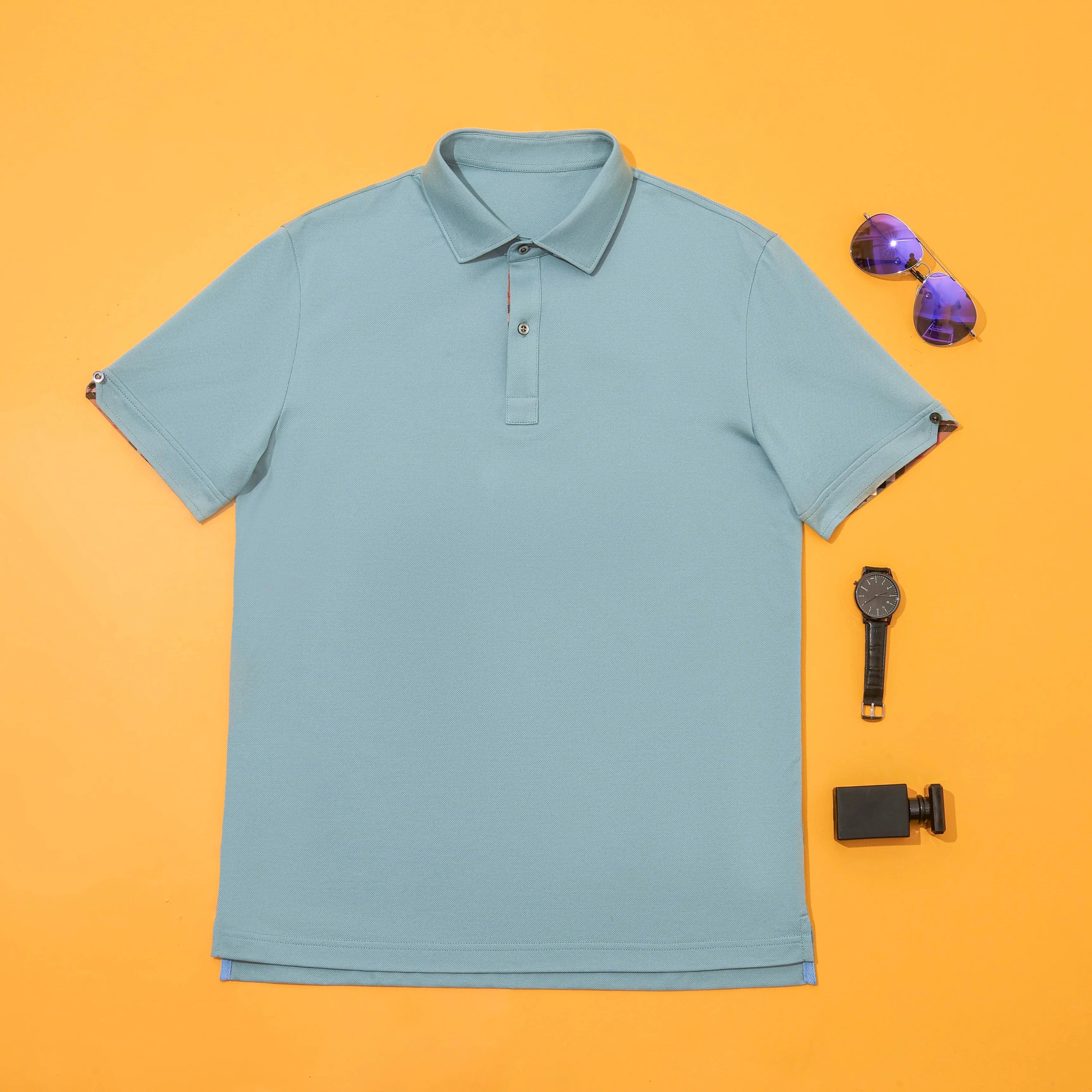 Men's Custom Casual for Shirt Ice Blue Knitted Cotton Fabric Quick Dry Solid Short Sleeve ODM Supply