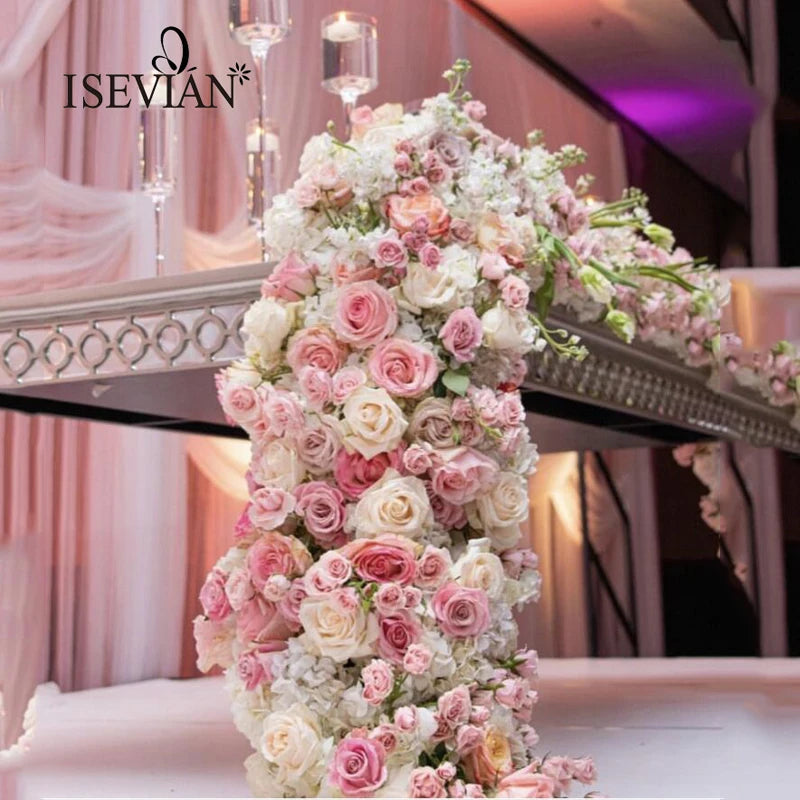 ISEVIAN Pink Silk Artificial Flower Row Table Runner Centerpiece for Wedding