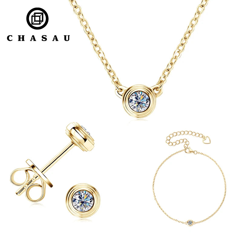 2025 Fashion Simple 925 Sterling Silver Link Chain 3mm 0.1ct Round Moissanite Pendant Necklace Earrings Bracelet Jewelry Sets