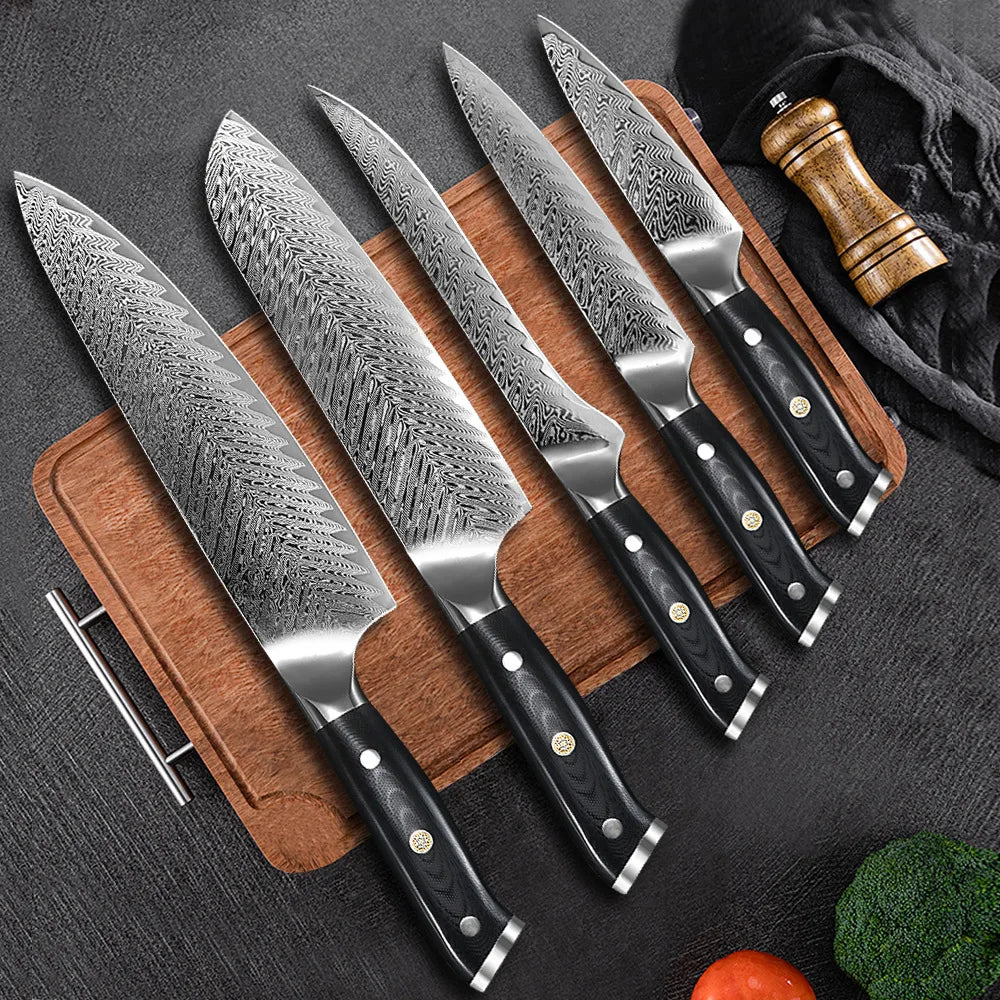 Premium 67 Layers Damascus Stainless Steel Kitchen Knife Set Chef Utility Santoku Boning Knife with Black G10 Handle
