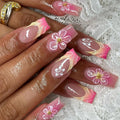 24 Pcs French 3D Blusher Gradient Flowers Short square Wear-on Nail Tips Acrylic Press on Nails Customize False Nails 3500