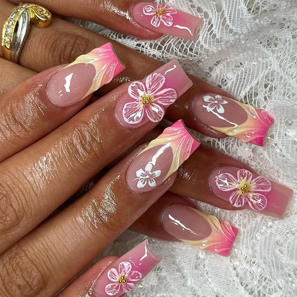 24 Pcs French 3D Blusher Gradient Flowers Short square Wear-on Nail Tips Acrylic Press on Nails Customize False Nails 3500