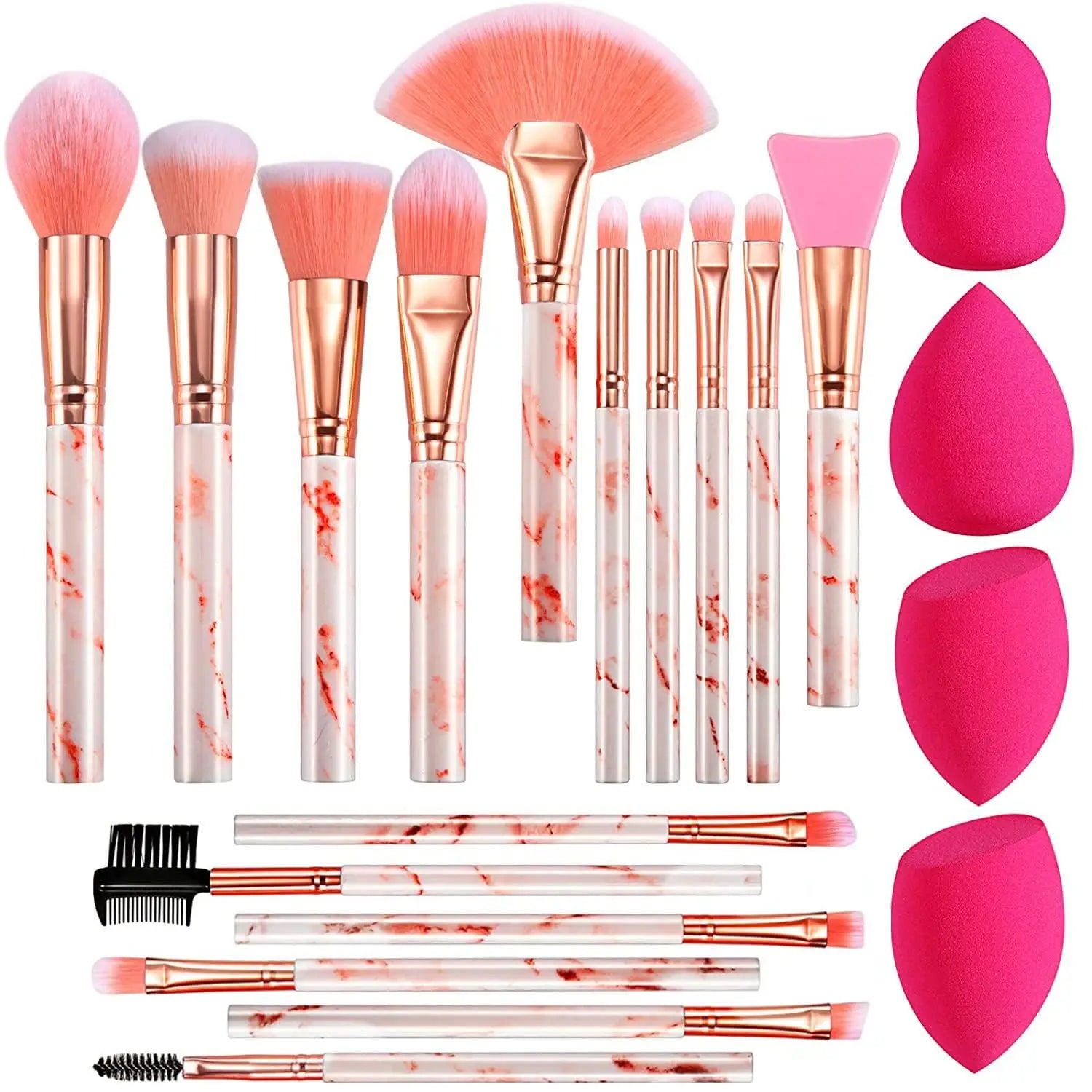 Customizable 16-Piece Marble Pattern Aluminum Ferrule Beauty Sponge Blender Foundation Brush Eye Shadow Lip Makeup Brush Set