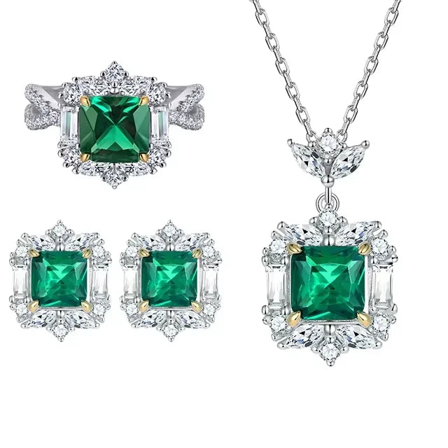 High Grade Handmade 925 Sterling Silver Emerald Green 5A Luxury Zircon Diamond Bridal Jewelry Set for Wedding Engagement