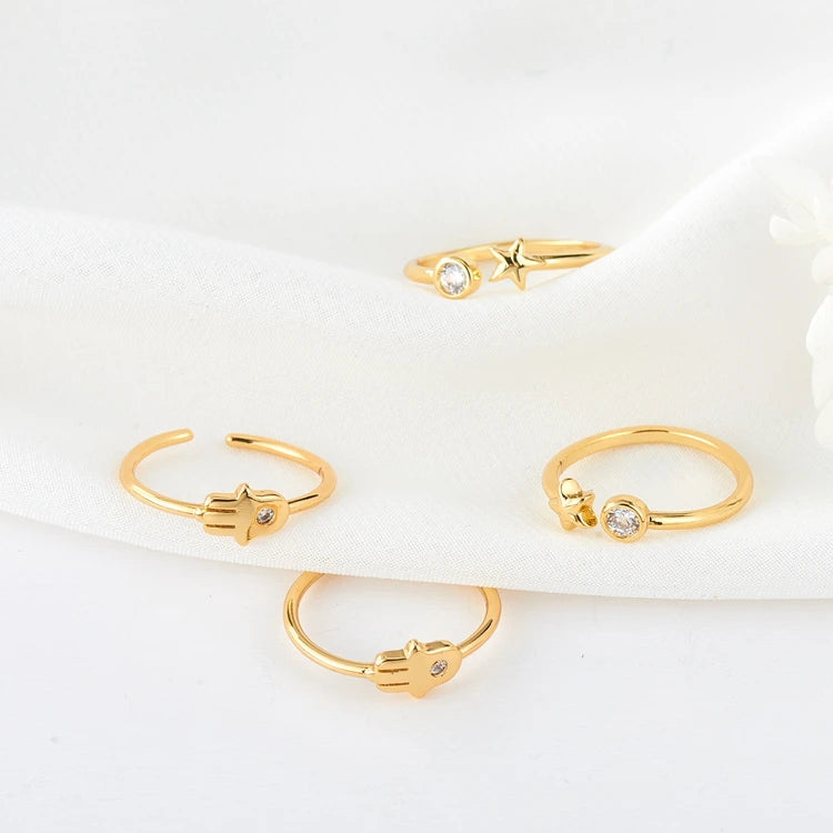Simple Brass Micro-set Zircon 14K Gold Plated Hamsa Hand Star Shape Adjustable FashionJewelry Ring