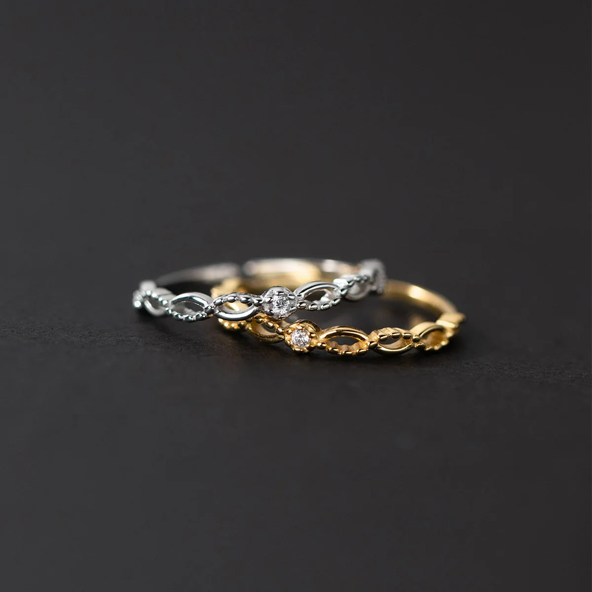 French Romantic 925 Sterling Silver Mini Single Zircon Hollowed Ripple Shaped Gold Plated Open Rings for Women