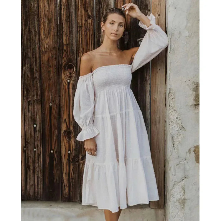 Puff Sleeve Long Dress Factory Directly Loose Casual Dress Wholesale Straight Neck Strapless Dress Custom logo