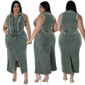 Y218380 Plus Size Women's Denim Set Short Sleeve Tassel Zipper Top and Split Long Denim Skirt Set 2 Piece Outfits for Women