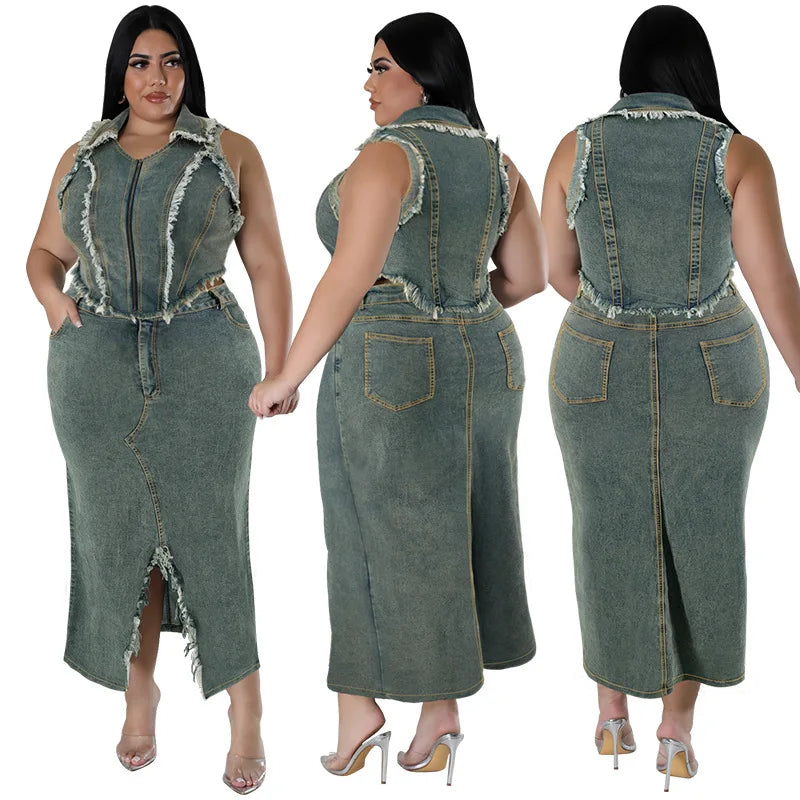 Y218380 Plus Size Women's Denim Set Short Sleeve Tassel Zipper Top and Split Long Denim Skirt Set 2 Piece Outfits for Women