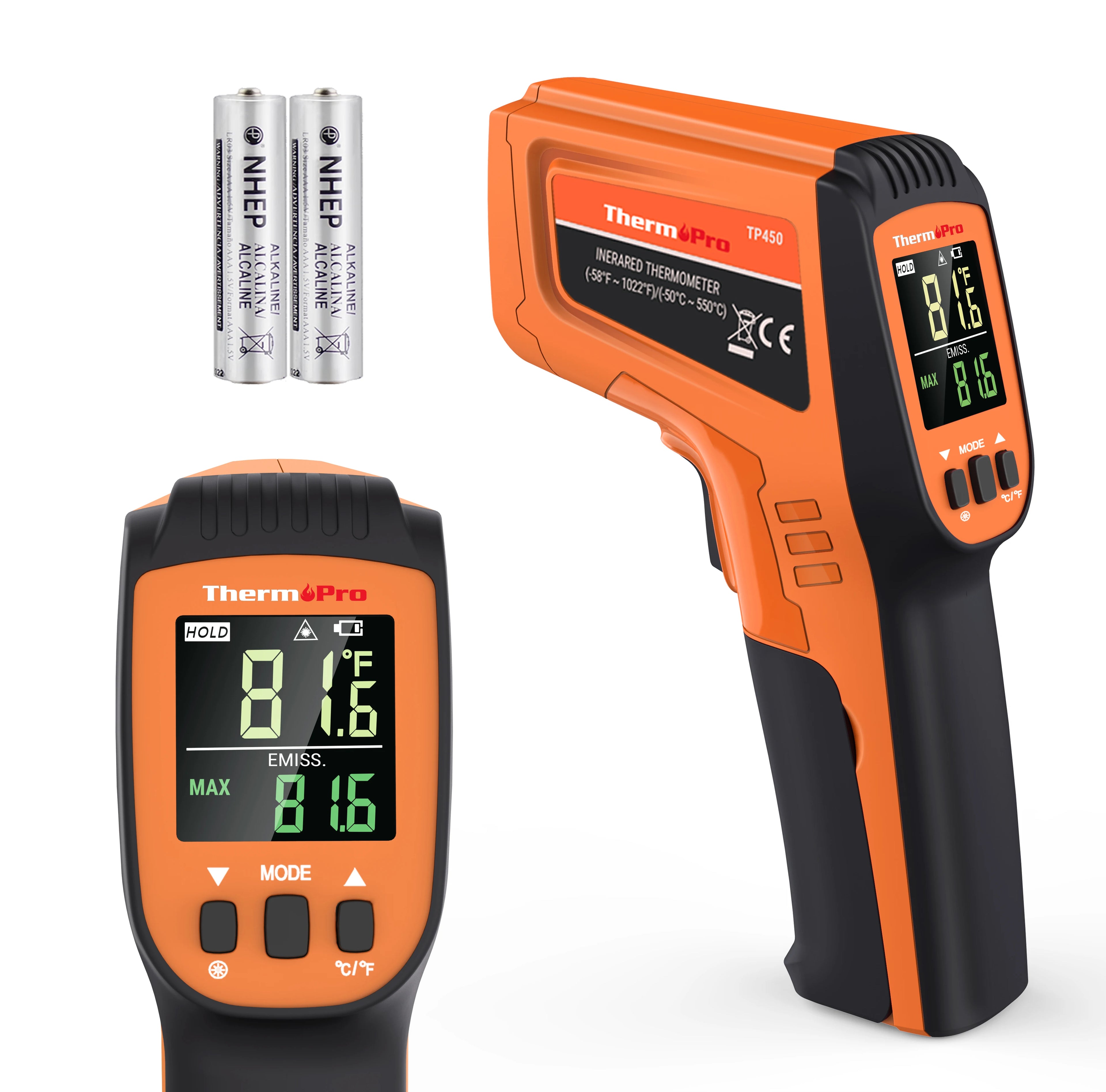 ThermoPro TP450 Non-Contact Laser Thermometer Temperature Gun for Surfaces Cooking Baking Deep Frying Thermometer