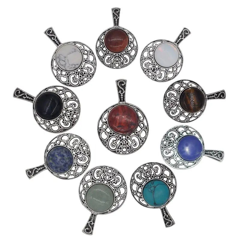 Silver Alloy Round Gemstone Pendants Necklace for Women Men Healing Chakra Polished 25mm CAB Charms Vintage Statement Jewelry