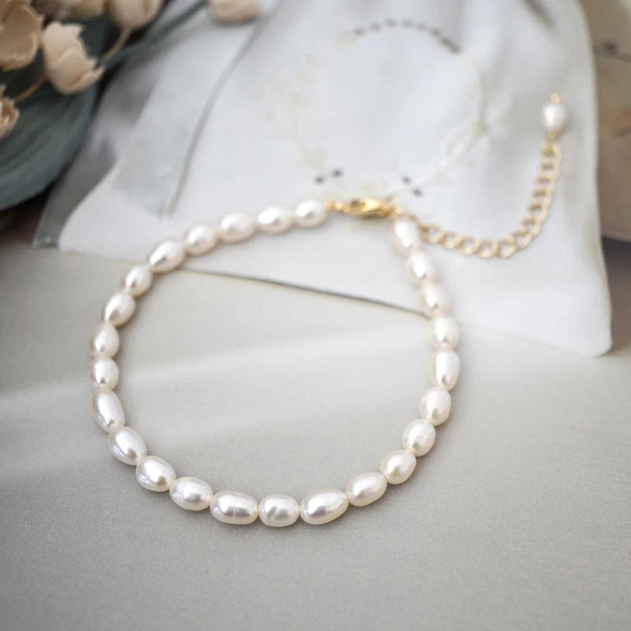 18K Gold Plated Tiny Rice Natural Freshwater Pearl Beaded Bracelet Dainty Wedding Bracelet Jewelry