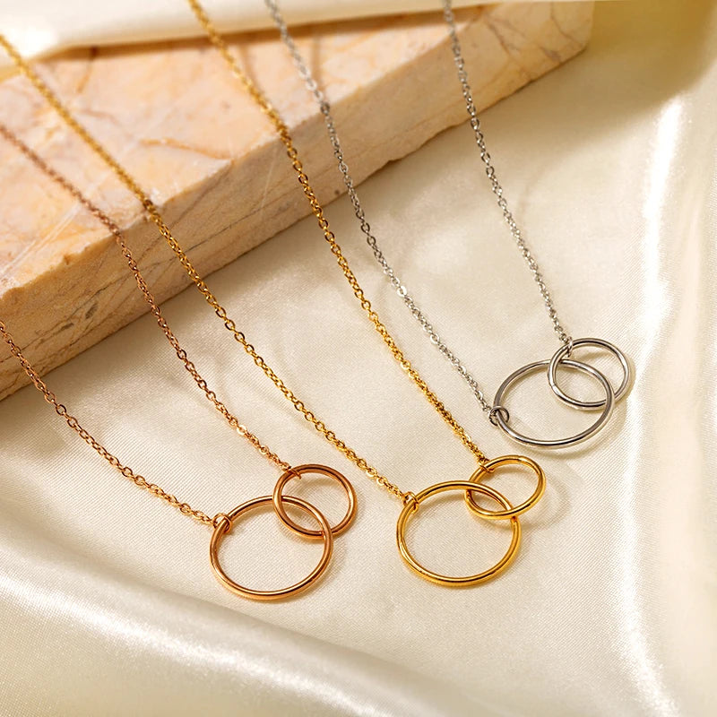 Simple 18K Gold Circle Pendant Double Hoop Stainless Steel Trendy Chains for Popular Foreign Trade Factory Wholesale for Gift