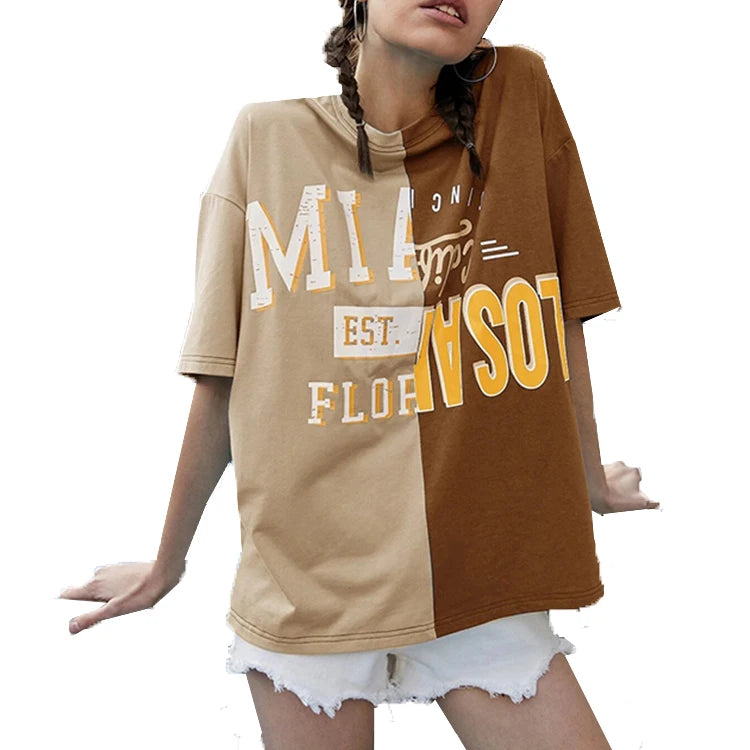 Women's Fashion Two-Tone Drop Shoulder Pullover T-Shirt with Loose Fit and Casual Letter Graphic for Summer