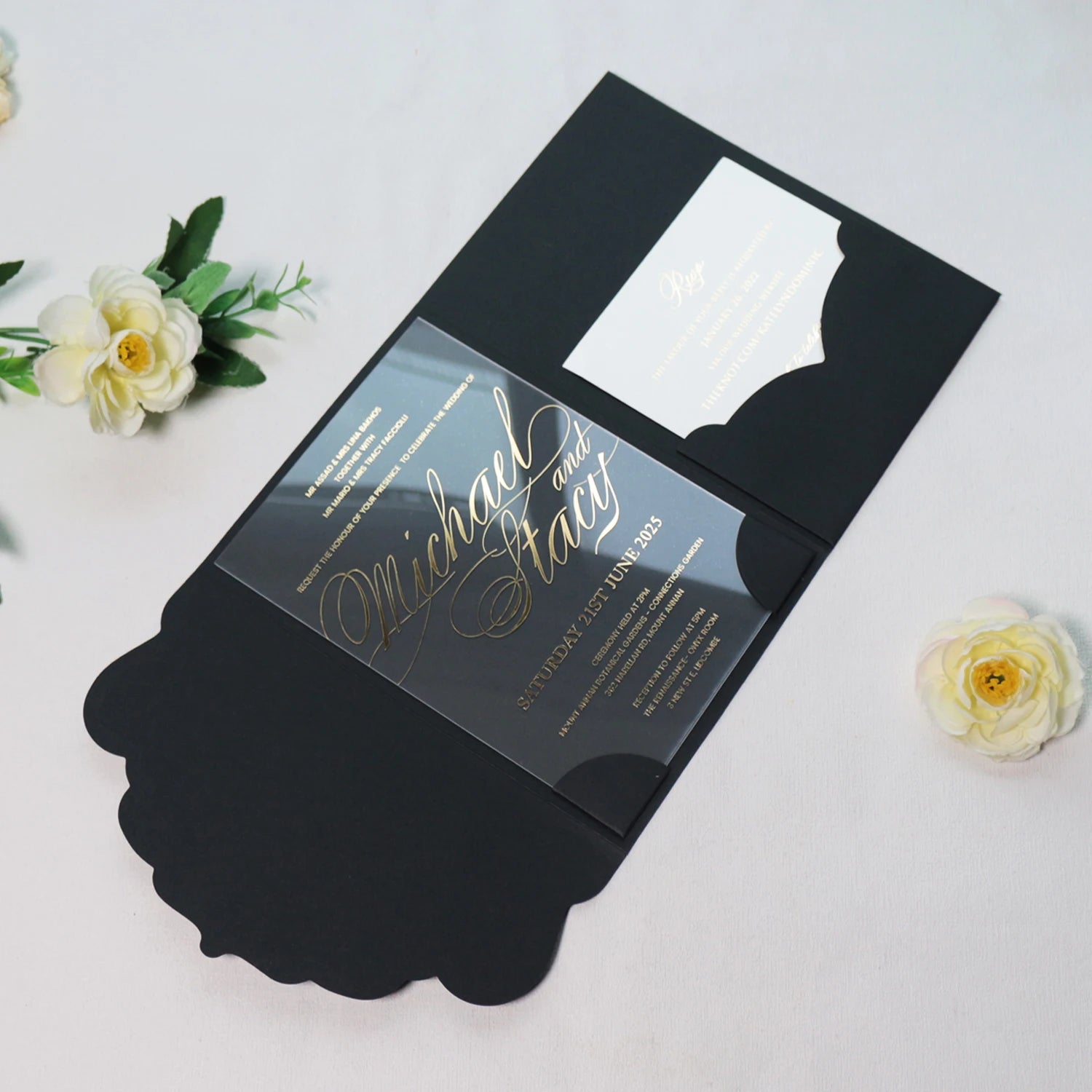 Black Trifold Pocket Folder Clear Glass Acrylic Wedding Invitation Card with RSVP Card