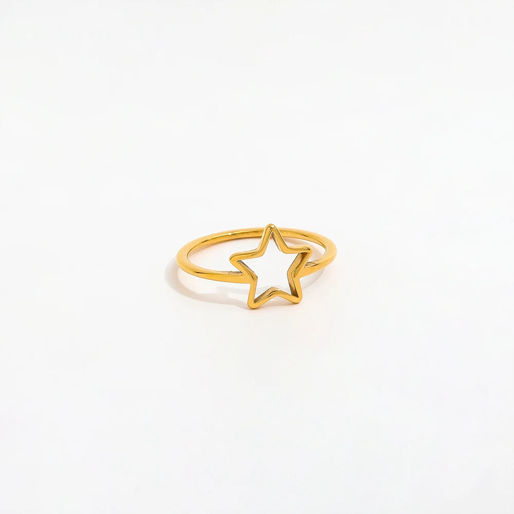 High End 18K Gold Plated Lines Hollow Pentastar Stainless Steel Rings for Women Tarnish Free Jewelry