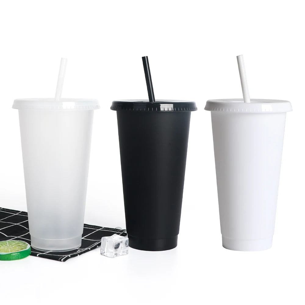Plastic Tumbler Coffee Black Reusable 24OZ Frosted Drink Cold Cups With Lids and Straw