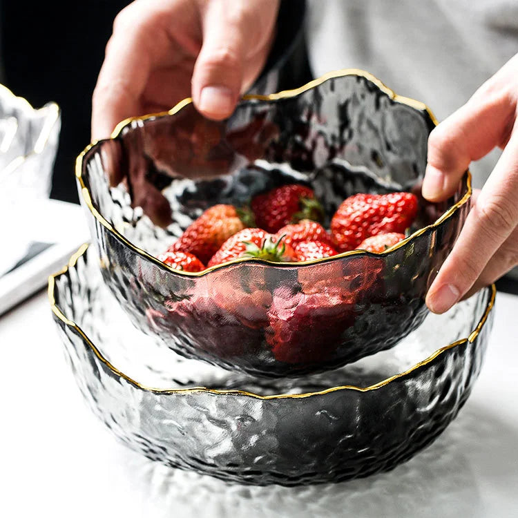 Stock Wholesale Custom Large Capacity Dinnerware Irregular Flower Gold Rim Fruit Food Colored Salad Glass Bowl Set