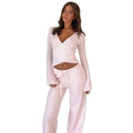 European and American Women's New Style Casual Solid Color Two-piece Set Sexy V-Neck Strap T-shirt Elastic Waist Loose Pants