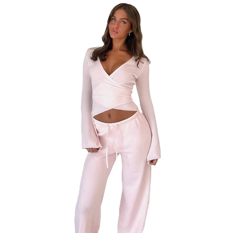 European and American Women's New Style Casual Solid Color Two-piece Set Sexy V-Neck Strap T-shirt Elastic Waist Loose Pants