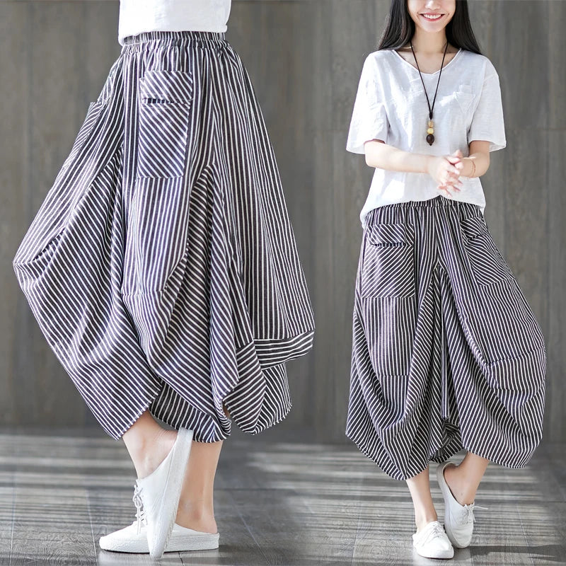 Wholesale 2026 Summer New Retro Stripe Cotton Hemp Casual Elastic Waist Irregular Women's Halfskirt