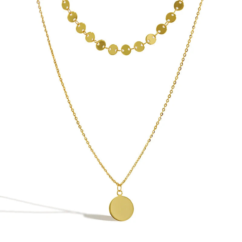 Dainty Gold Plated 925 Sterling Silver Round Pendant Double Layered Choker Necklace for Women Necklaces Birthday Gift for Women