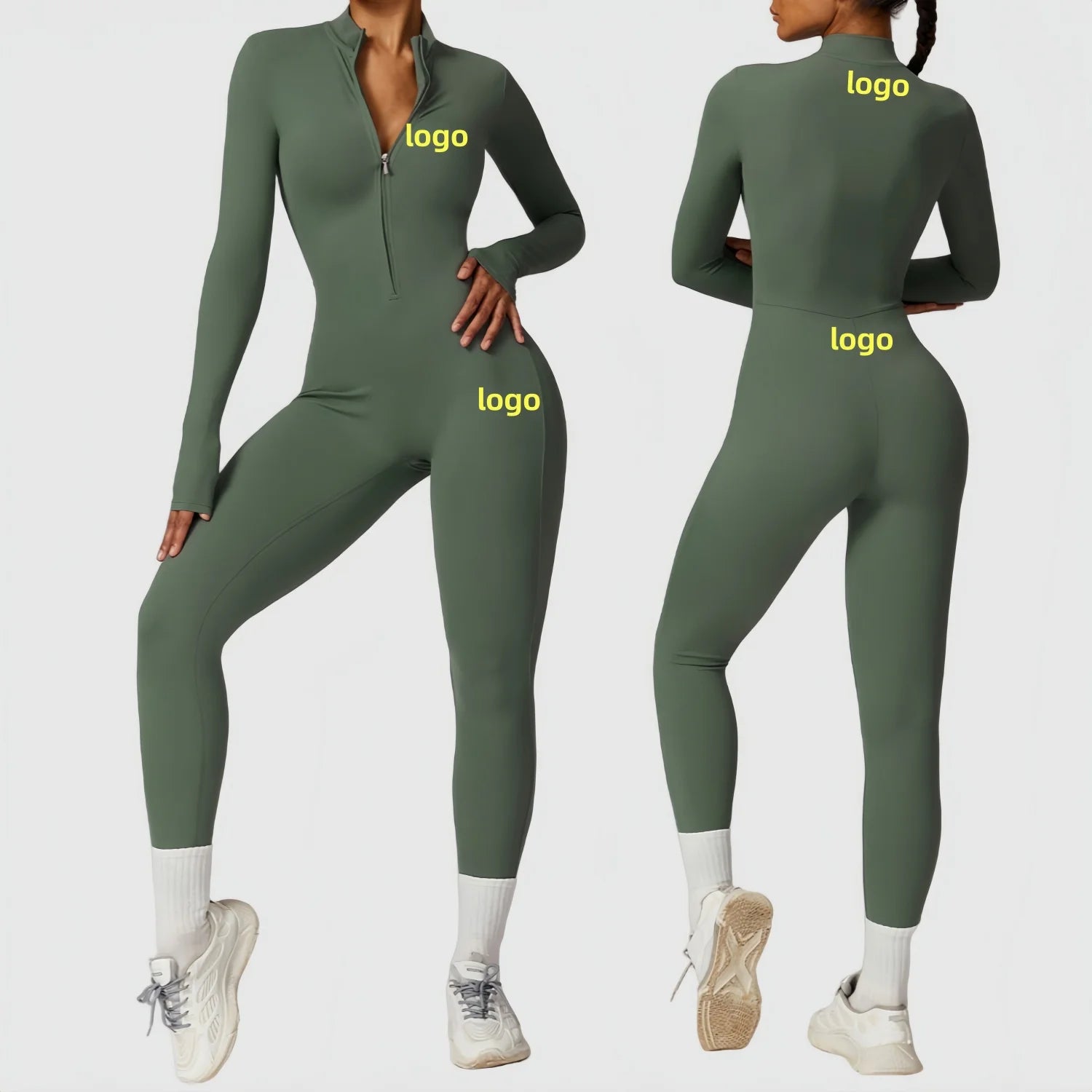 Custom Logo One Piece Fitness Yoga Jumpsuit for Women Long Sleeves Zipper Active Stretch Sports Pilates Gym Bodysuit