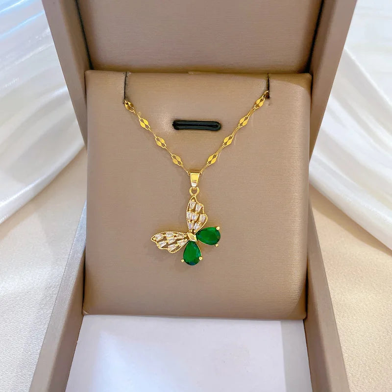 Shining Green Diamond Butterfly Necklace Delicate Adjustable Lip Chain Crystal Cz Butterfly Pendant Necklace Wedding Jewelry