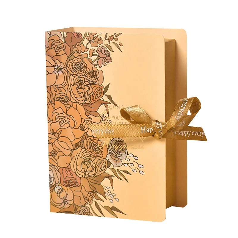 Luxury Vintage Book Shape Custom Pattern Cardboard Paper Handmade Folding Gift Cookie Chocolate Wedding Candy Box With Ribbon