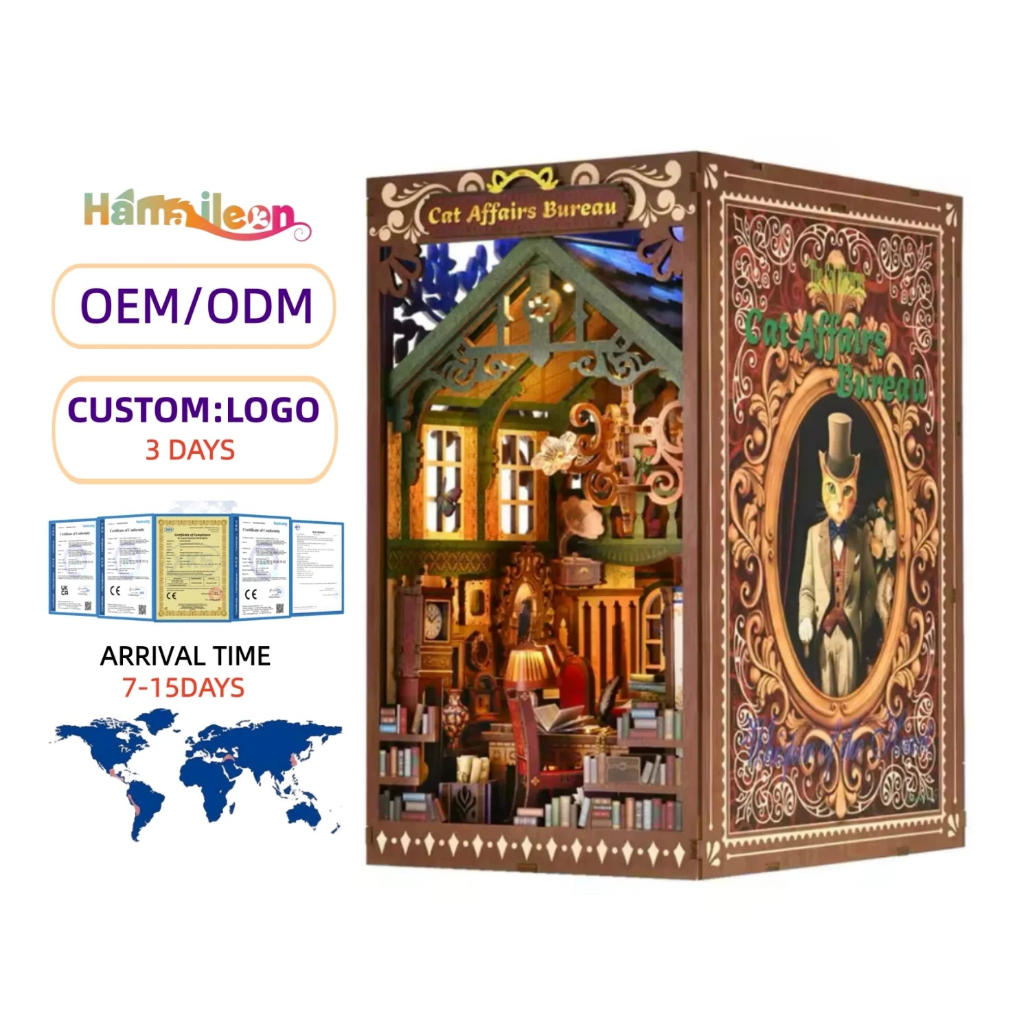 Hamaileon Cat Affairs DIY Wooden Puzzle Book Nook Kit Hayao Miyazaki Inspired Bookshelf for Dollhouse Model Product Doll Houses