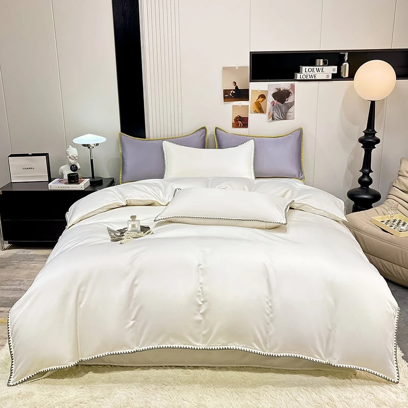 Wholesale White Silk Pure Silk Bedding Set Solid Satin Silk Bedding Set With Overlock Decoration