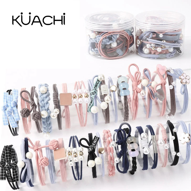 KUACHI Wholesale Korean Style Fashion Hair Tie Set Cute Pearl Hair Tie Packet High Elastic Luxury Hair Ties for Women