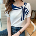 0037# Dark Blue White Sailor Collar Fashion Korean Summer Chiffon Casual Blouse for Women Campus Office Lady Tops
