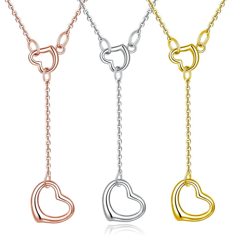 Yh Jewellery Manufacturer China Supply 925 Sterling Silver Double Heart Lariat Necklace