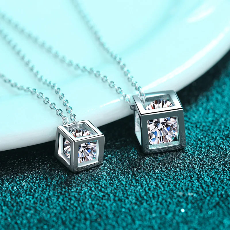 Silver 925 Original Diamond Test Past 1 Carat Brilliant Cut Sparkling D Color Moissanite Square Pendant Necklace Gemstone Chain