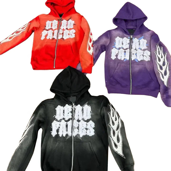 High Street Style Oversize Unisex Zip Hoodies Men Heavy Cotton Acid Washed Custom Distressed Patches Embroidery Affixed Zipper