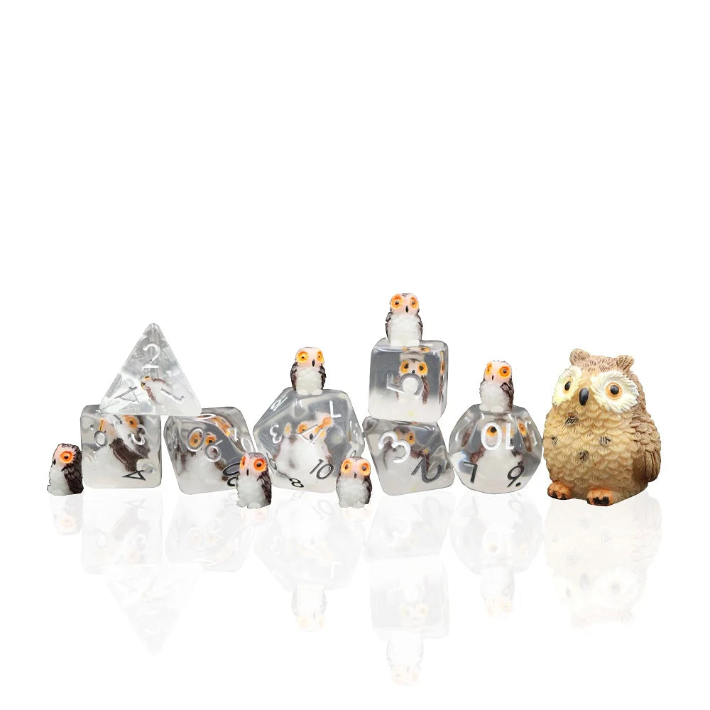 7pcs Bulk Dungeons and Dragons Dice Resin Clear Mini Owl Dice Sets D16 Dice for Table Game