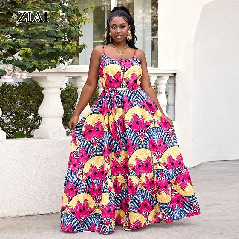 Summer Suspender Dress Printed Holiday Big Swing Long Skirt Temperament Plus Size Dress Female