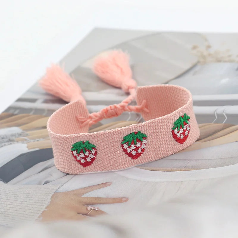 Ethnic Style Colorful Webbing Embroidered Strawberry Logo Handwoven Tassel Wrap Bracelet for Women