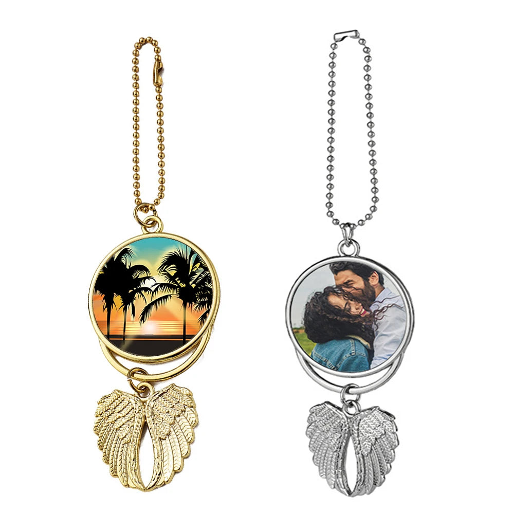 Custom Antique Zinc Alloy Angel Wings Single Side Car Pendant UV Printed Stainless Steel Casting Model Love Clothing Logo Theme