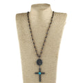 Fashion Women Bohemian Jewelry 4mm Magnetite Bead Crystal Glass Stone Knotted  Metal Angel and Turquoise Cross Pendant Necklace
